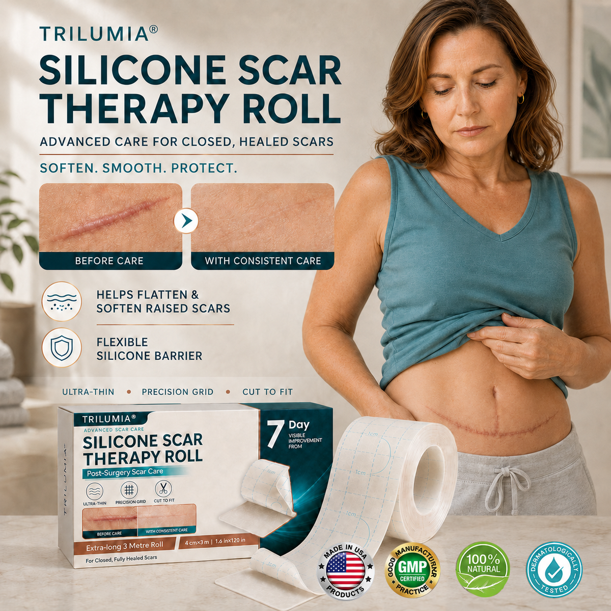 🥕Trilumia® Silicone Scar Therapy Roll — Custom-Fit Care for Long, Raised Surgical Scars